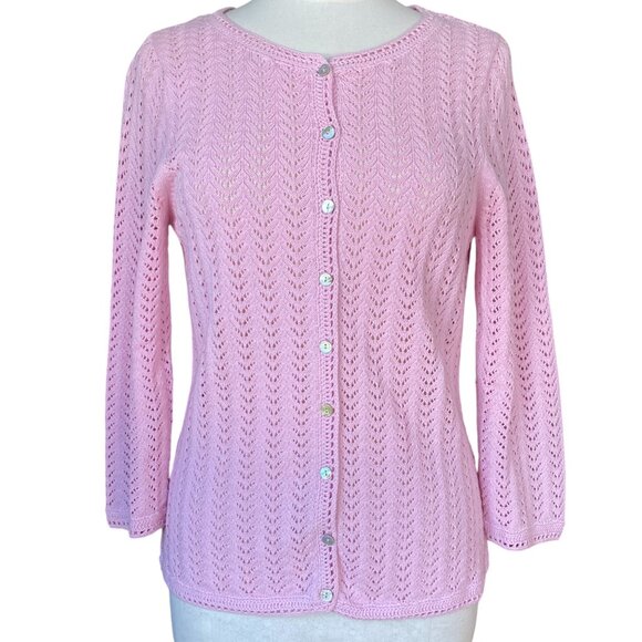 L.L. Bean Sweaters - LL Bean Linen Blend Pointelle Knit Cardigan Pink Shell Buttons Cottagecore-M